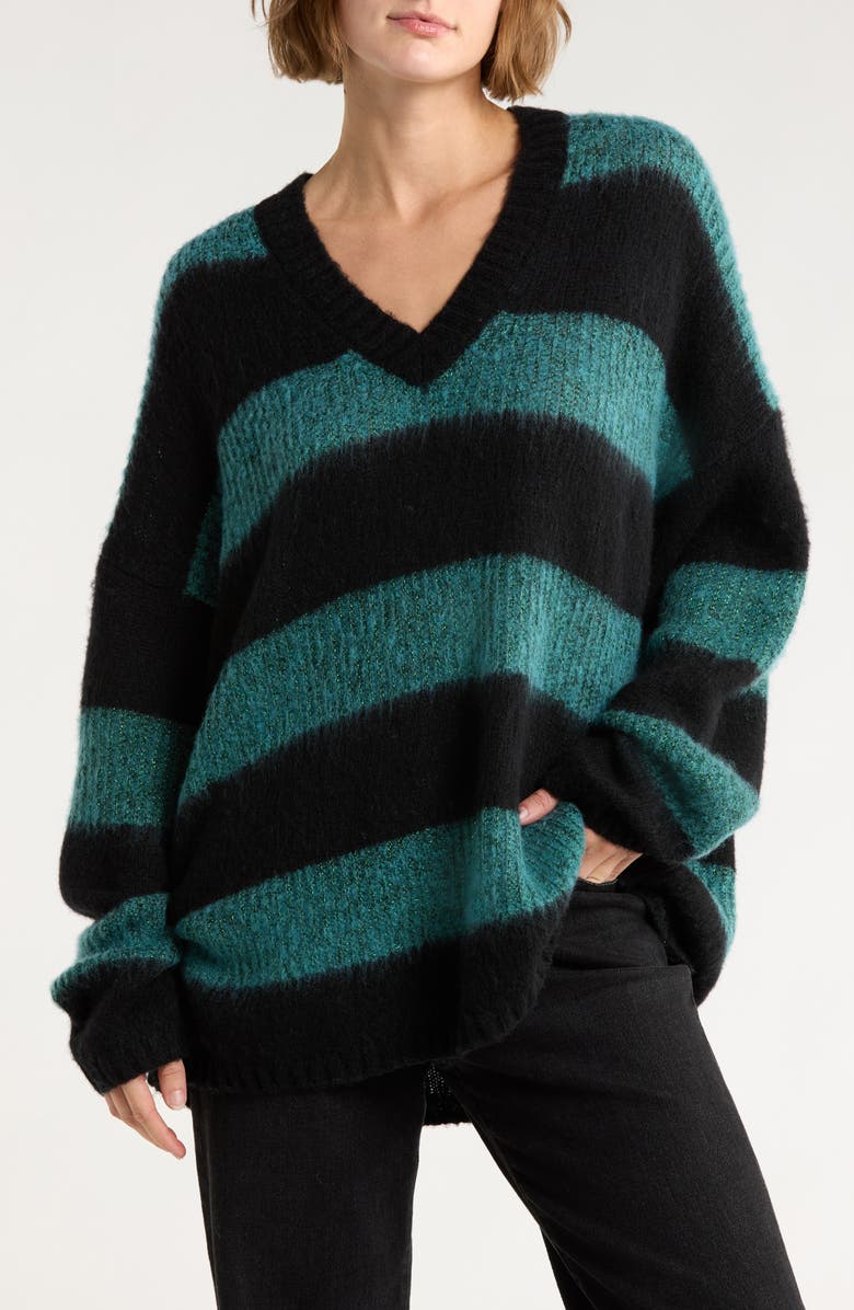 AllSaints Lou Sparkle V-Neck Sweater, Main, color, Green/ Black