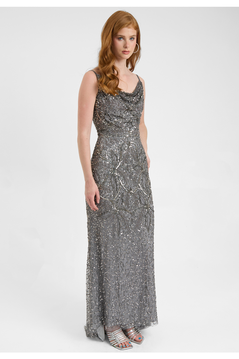 Embellished Sequin Beaded Maxi Dress With Cowl Neck, Alternate, color, CHARCOAL