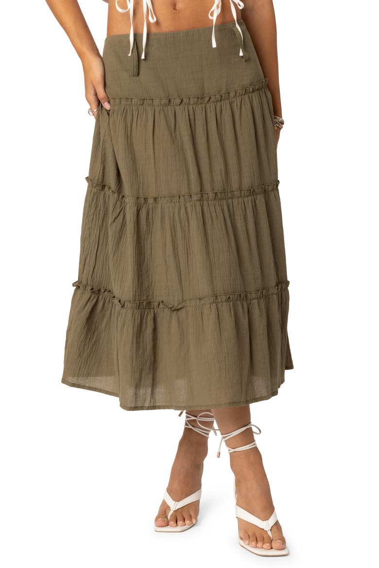 Melinda Tiered Cotton Midi Skirt, Main, color, OLIVE