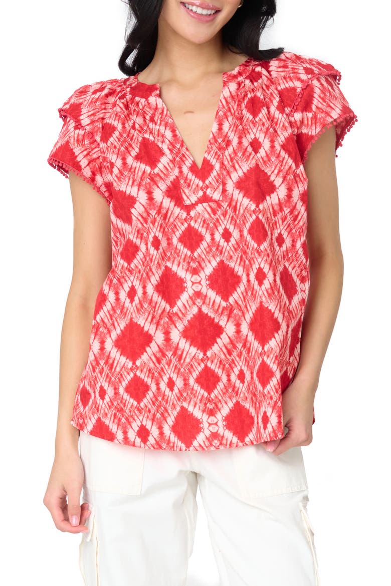 Batik Print Flutter Sleeve Cotton Poplin Top, Main, color, RADIENT RED BATIK PRINT