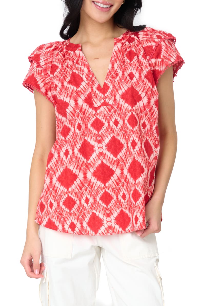 GIBSONLOOK Batik Print Flutter Sleeve Cotton Poplin Top, Main, color, Radiant Red Batik Print