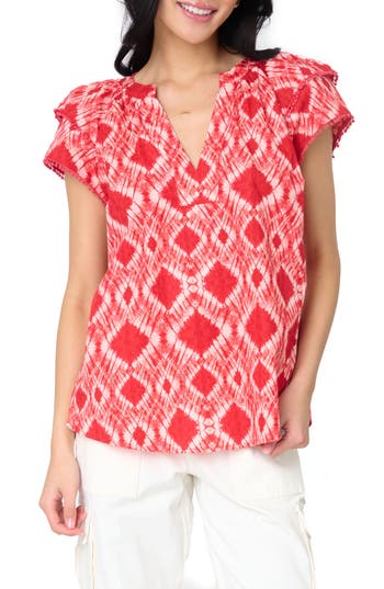 Gibsonlook Batik Print Flutter Sleeve Cotton Poplin Top