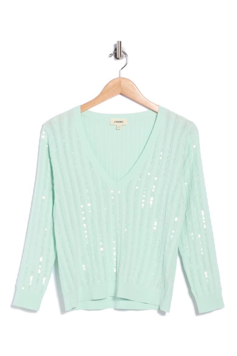Trinity Sequin Cable V-Neck Pullover, Alternate, color, PALE JADE