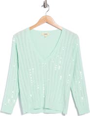 L'AGENCE Trinity Sequin Cable V-Neck Pullover