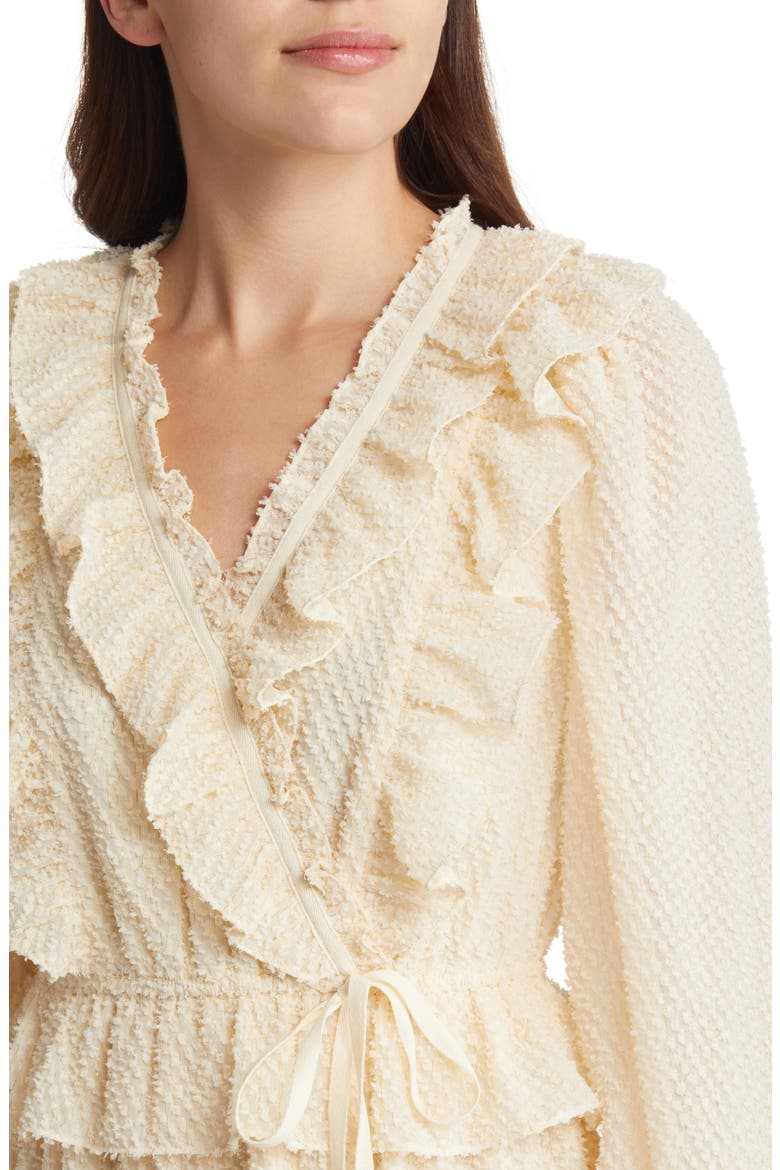 Ruffle Clip Dot Long Sleeve Chiffon Midi Faux Wrap Dress, Alternate, color, CREAM