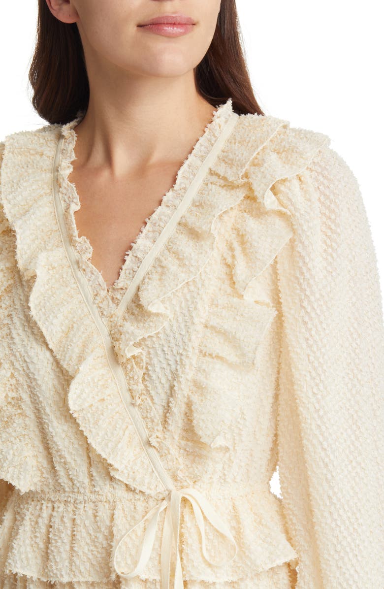 MOON RIVER Ruffle Clip Dot Long Sleeve Chiffon Midi Faux Wrap Dress, Alternate, color,