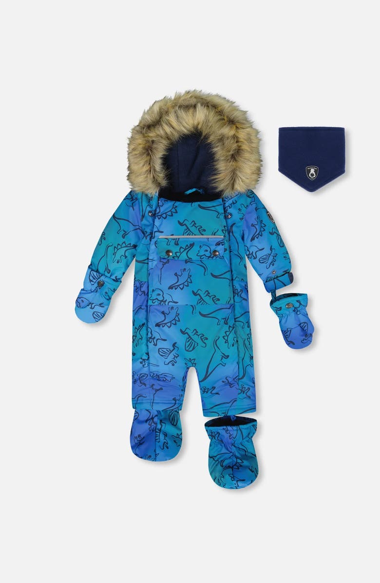 Deux par Deux One-Piece Play Snowsuit Designed for Car Seat Dinosaur, Main, color, Blue Gradient