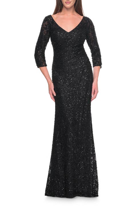 Fitted Beaded Lace Evening Gown with Ruching