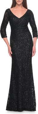 La Femme Fitted Beaded Lace Evening Gown with Ruching