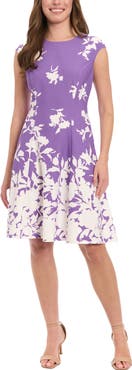 London Times Monotone Floral Print Fit and Flare Dress