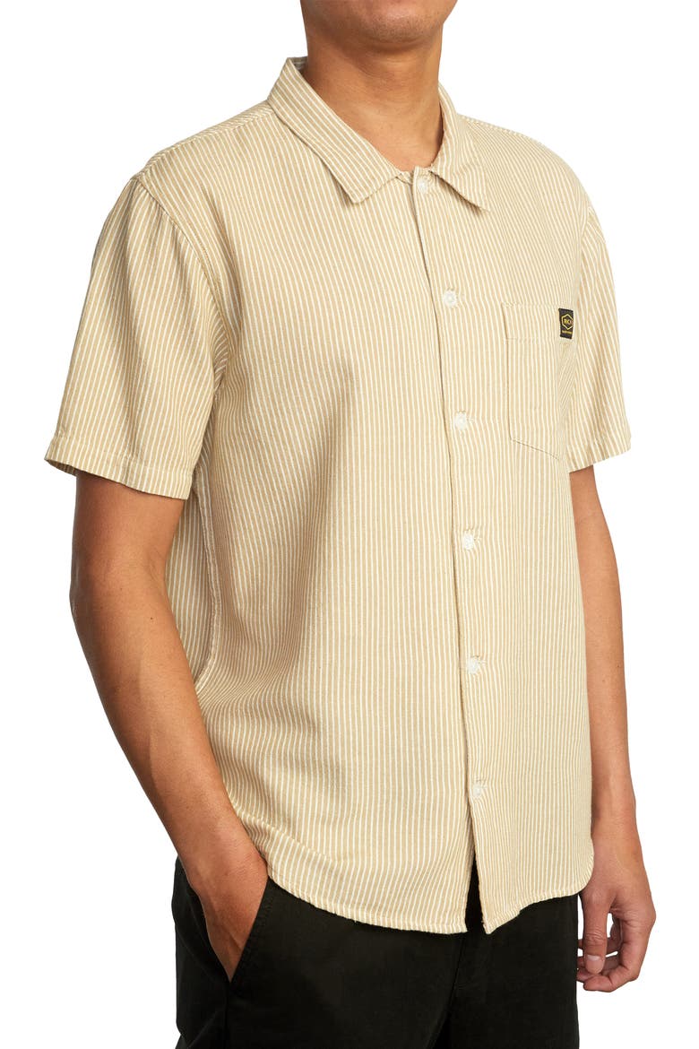 Dayshift Stripe Cotton Short Sleeve Button-Up Shirt, Main, color, KHAKI
