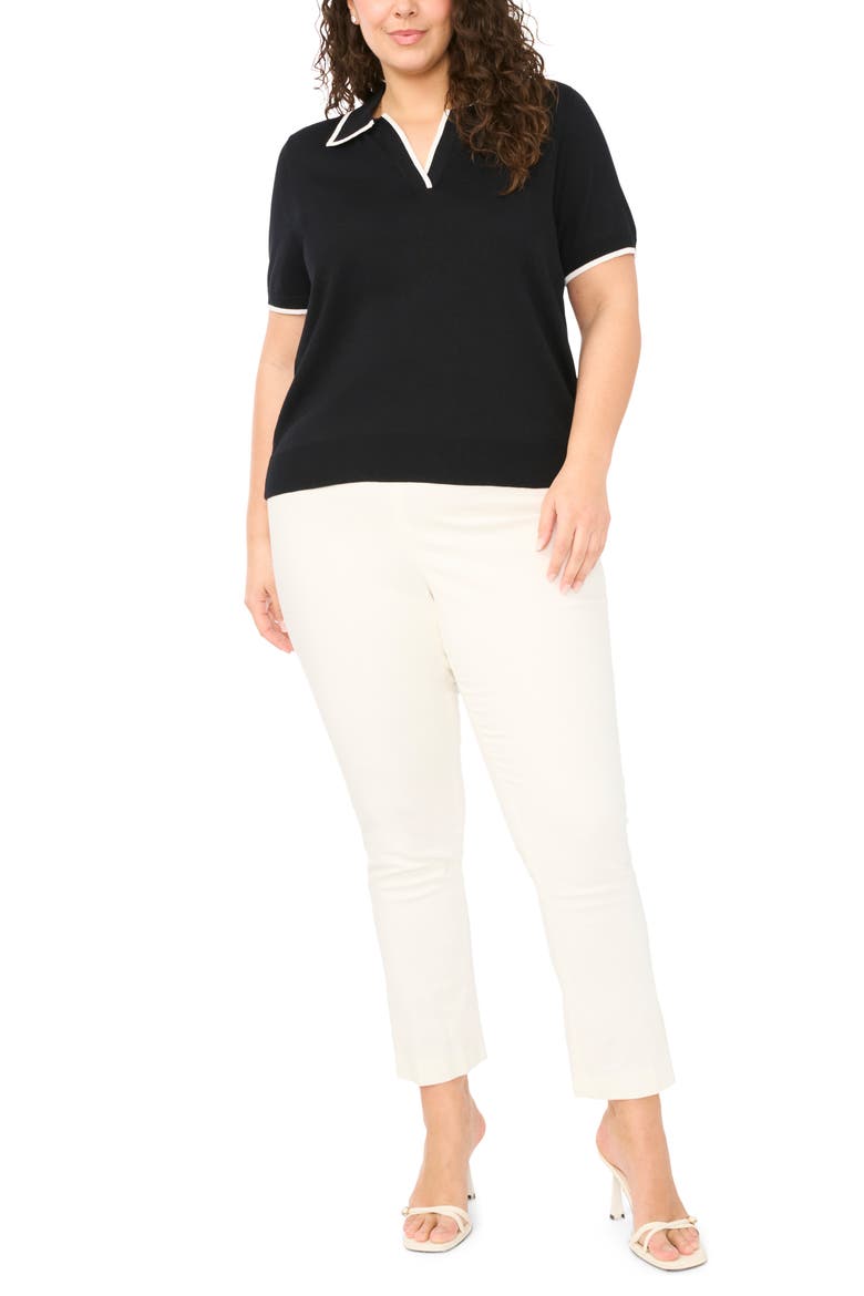 Tipped Johnny Collar Short Sleeve Sweater, Alternate, color, RICH BLACK