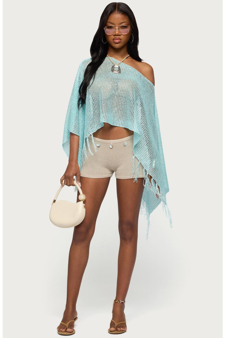 Sequin Fringe Knit Poncho, Alternate, color, LIGHT-BLUE