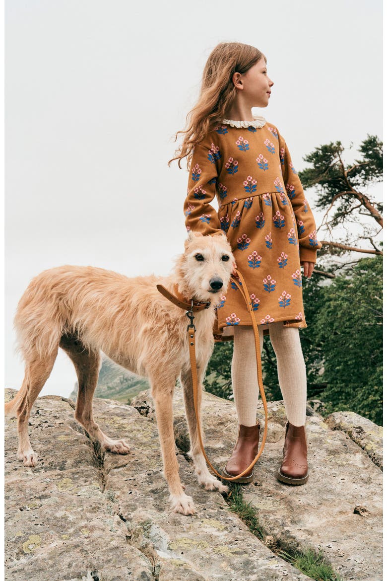 Kids' Frill Sweater Dress, Alternate, color, TOFFEE BROWN FLOWER STAMP