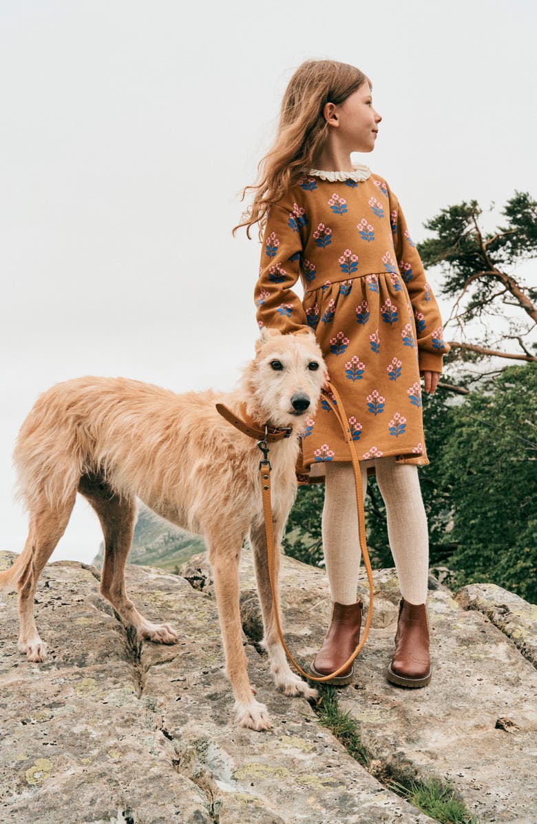 Mini Boden Kids' Frill Sweater Dress, Alternate, color, Toffee Brown Flower Stamp