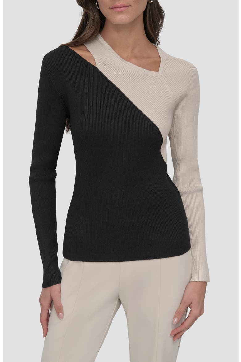Colorblock Shoulder Cutout Long Sleeve Sweater, Main, color, BLACK/ LATTE CITY