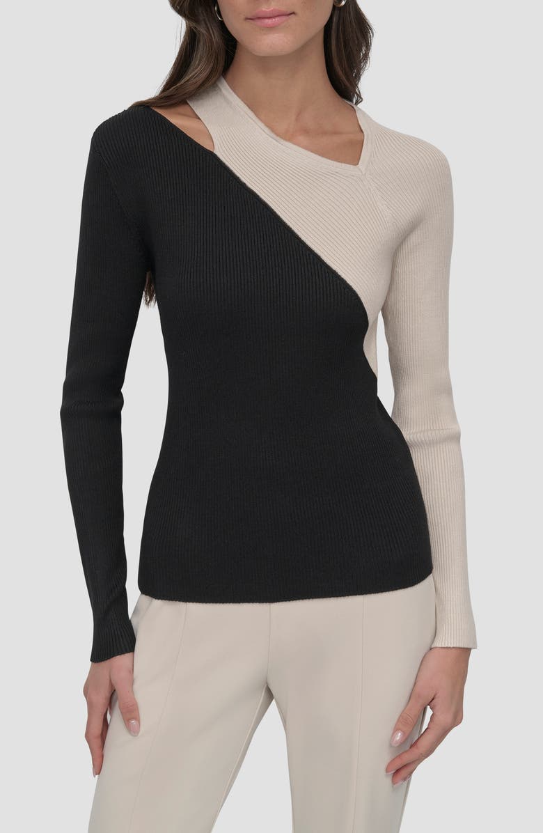 DKNY Colorblock Shoulder Cutout Long Sleeve Sweater, Main, color, Black/ Latte City