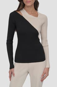 DKNY Colorblock Shoulder Cutout Long Sleeve Sweater