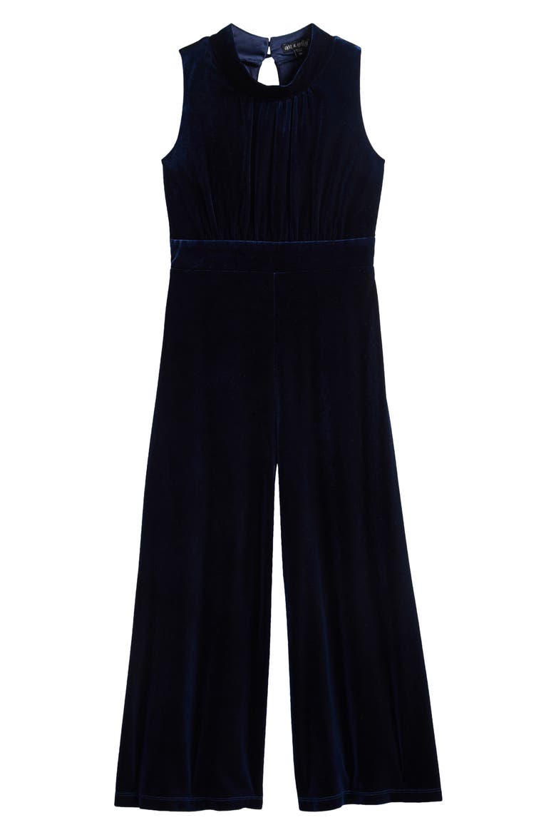 Kids' Mock Neck Velour Jumpsuit, Main, color, NAVY