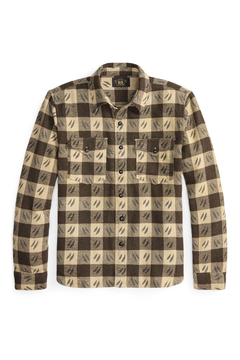 Leaf Print Check Cotton Twill Workshirt, Alternate, color, RL-834 BROWN/ CREAM