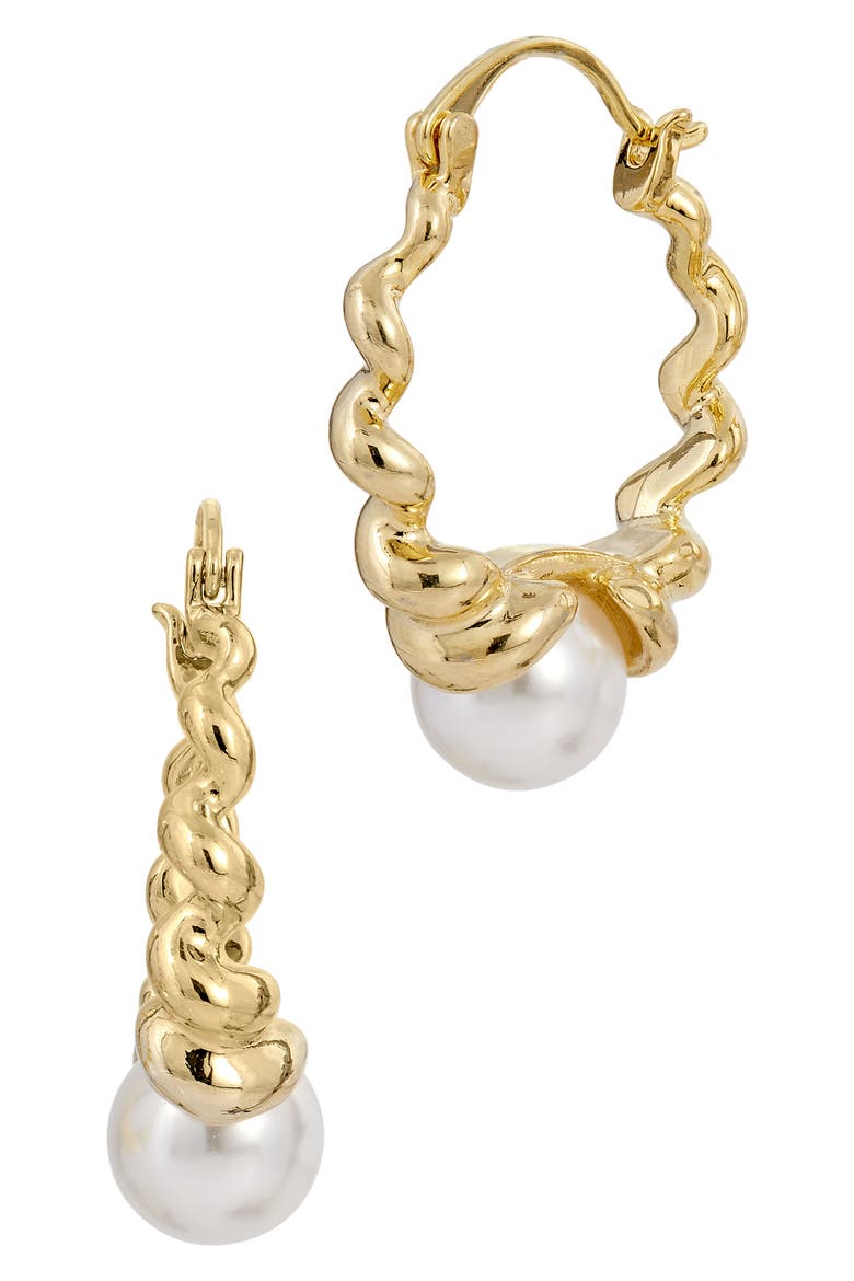 Swirl Faux Pearl Hoop Earrings, Main, color, GOLD