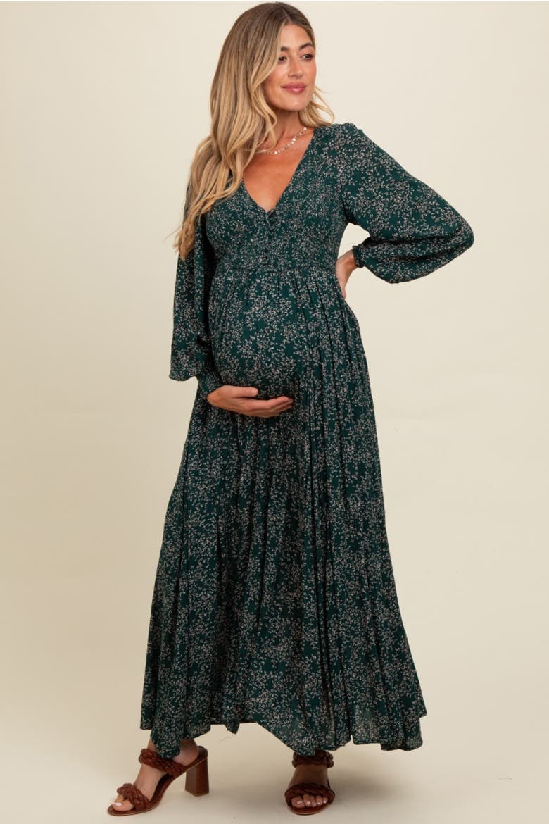Floral Smocked Button Detail Maxi Dress, Alternate, color, Forest Green