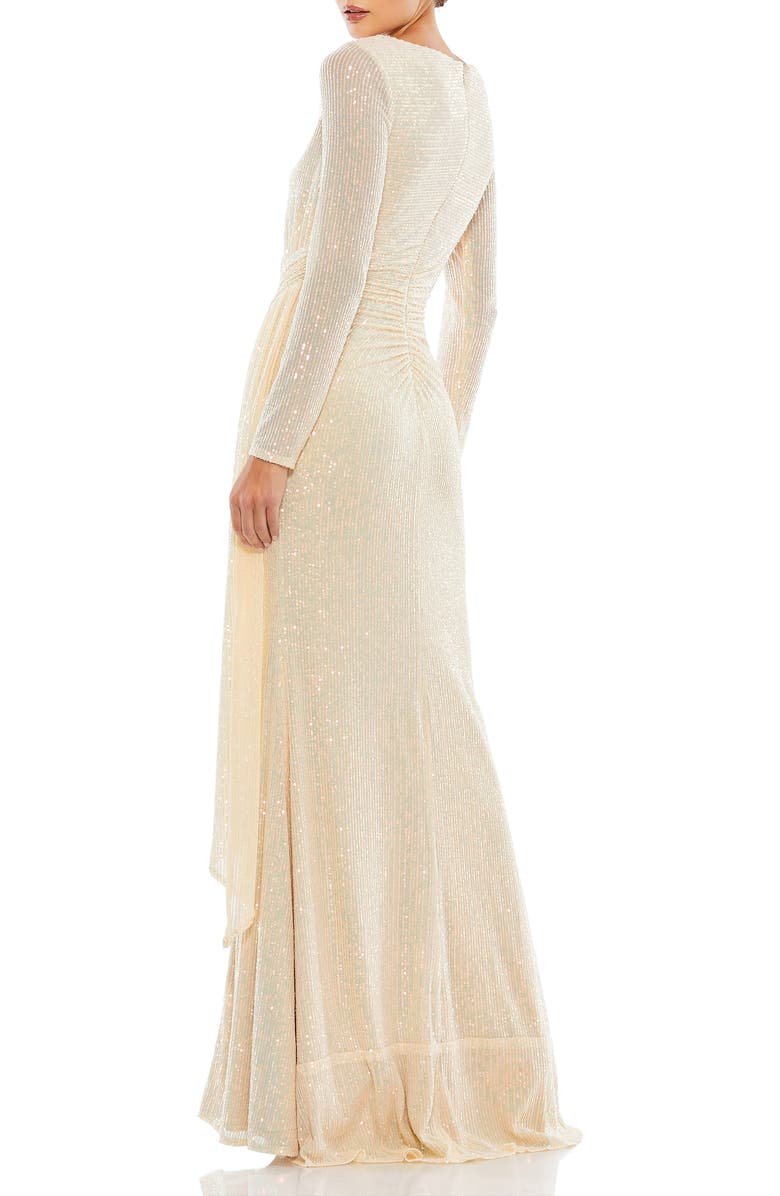 Mac Duggal Sequined Ruched Long Sleeve Boat Neck Gown, Alternate, color, Pearl