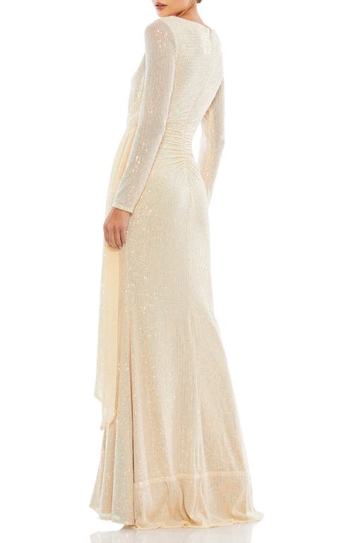 Mac Duggal Sequined Ruched Long Sleeve Boat Neck Gown In Pearl