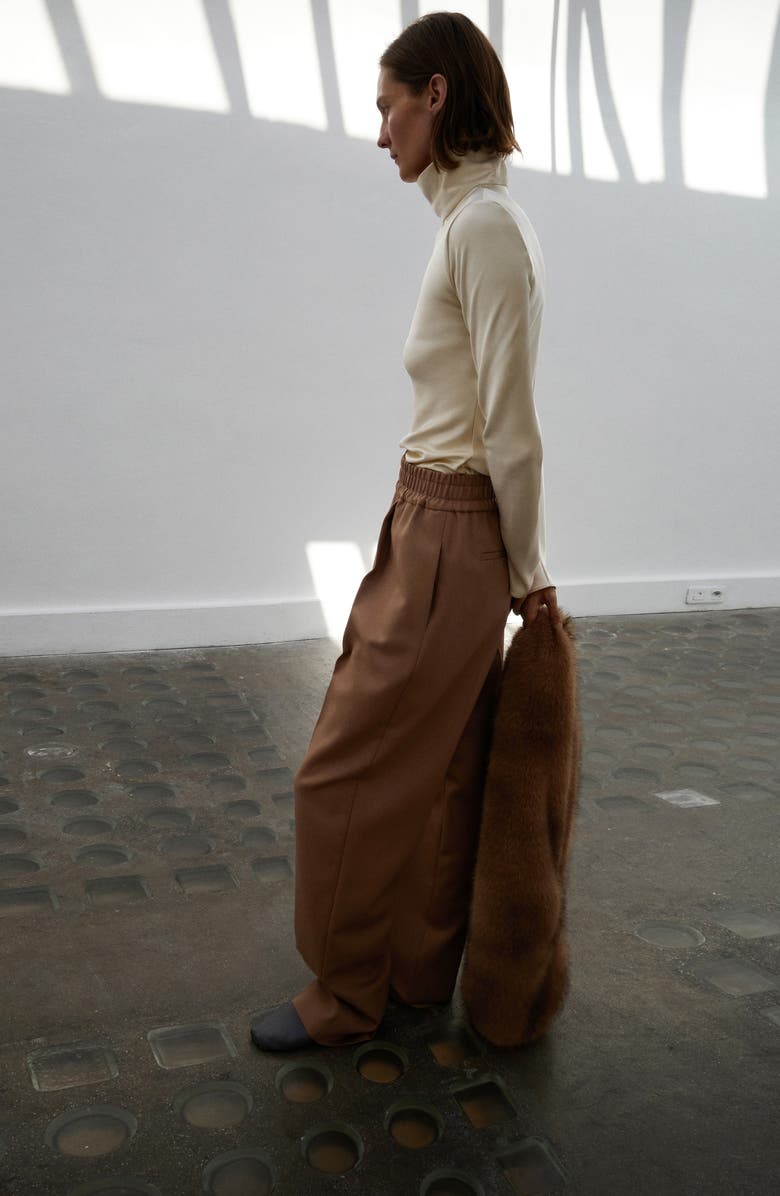 MANGO Selection Elastic Waist Straight Leg Wool Pants, Alternate, color, Medium Brown