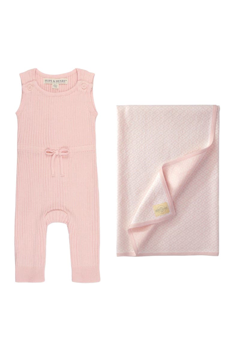Baby Cinched Waist Romper & Jacquard Blanket Gift Set, Main, color, Light Pink