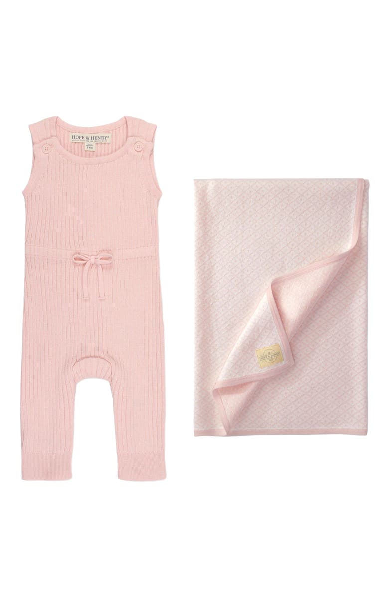 Hope & Henry Baby Cinched Waist Romper & Jacquard Blanket Gift Set, Main, color, Light Pink
