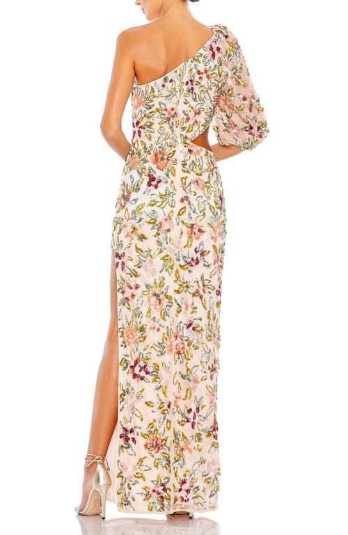 Mac Duggal One-shoulder Gown With Hand-embellished Floral Sequins & Blouson Sleeves In Nude Multi