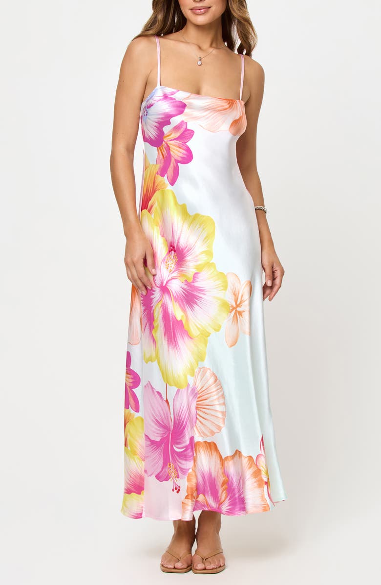 LSPACE Gabby Floral Bias Cut Cotton Sateen Cover-Up Maxi Dress, Main, color, Hibiscus And Plumeria Oh My
