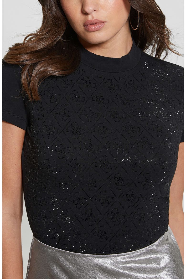 Rhinestone Pattern Mock Neck Organic Cotton Blend Top, Alternate, color, JET BLACK