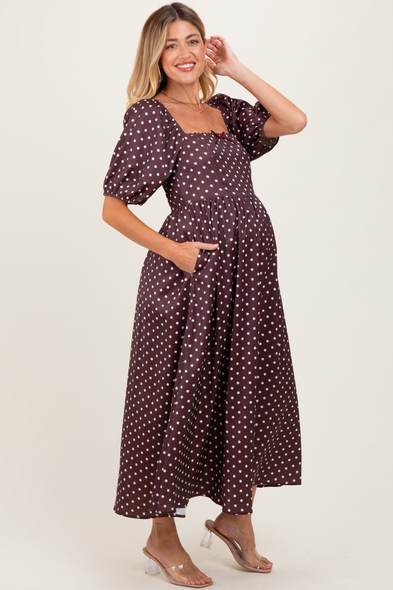 Polka Dot Square Neck Midi Dress, Alternate, color, Brown