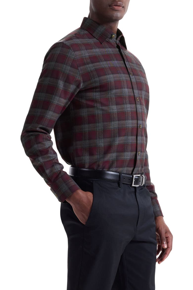 Karl Shaped Fit Plaid Cotton & Cashmere Button-Up Shirt, Alternate, color, BURGUNDY