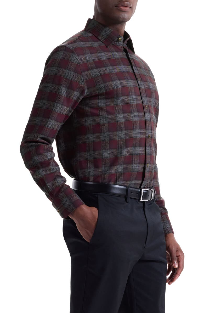 Bugatchi Karl Shaped Fit Plaid Cotton & Cashmere Button-Up Shirt, Alternate, color, Burgundy