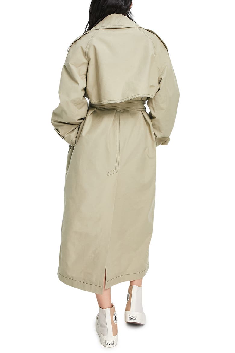 Contrast Stitch Oversize Longline Trench Coat, Alternate, color, LIGHT GREEN