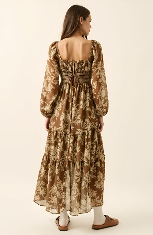 Modenaire Floral Woven Maxi Dress With Lace Trim, Bubble Sleeves And Button Front In Brown