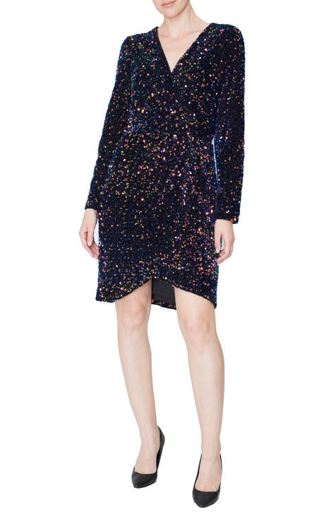 Sequin Long Sleeve Faux Wrap Minidress