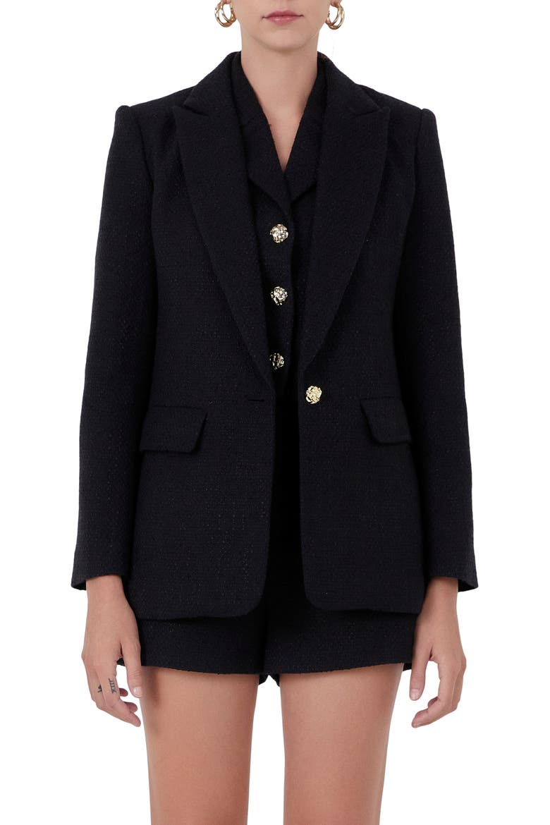 Peaked Lapel Tweed Blazer, Main, color, BLACK