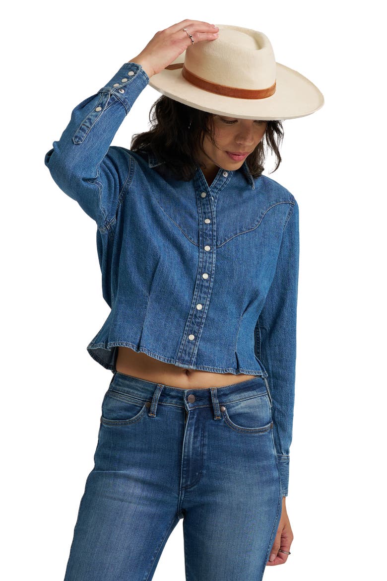 Western Peplum Denim Snap-Up Shirt, Alternate, color, LIGHT HAND