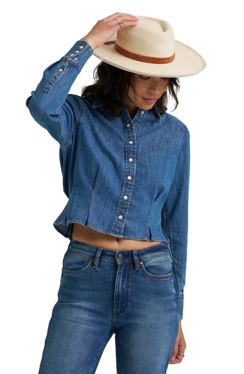 Wrangler Western Peplum Denim Snap-Up Shirt, Alternate, color, Light Hand