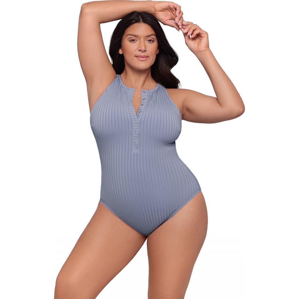 S3 Ribbed High Neck Snap Front One Piece Swimsuit