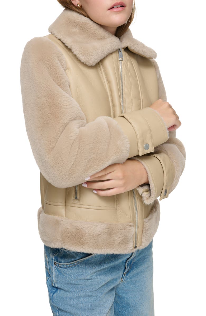 Andrew Marc Faux Fur Trim Faux Leather Aviator Jacket, Alternate, color, Oat