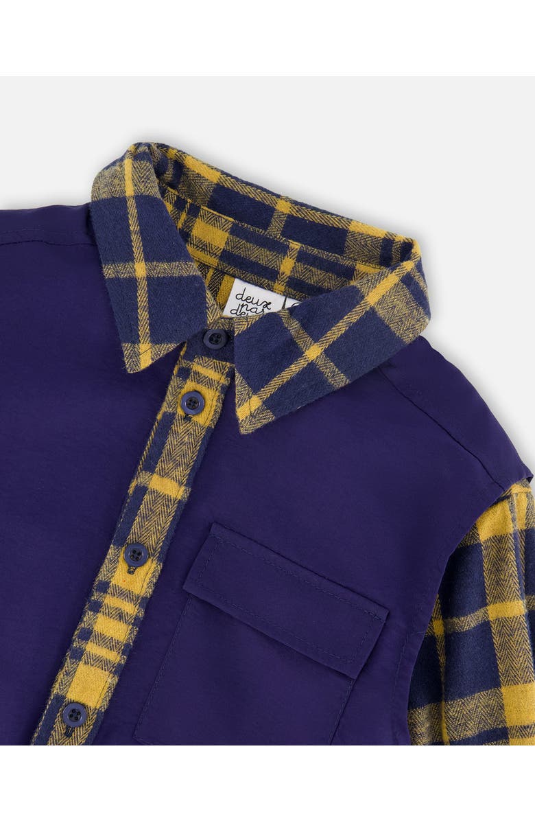Deux par Deux Long Sleeve Plaid Flannel Shirt with Solid Vest, Alternate, color, Blue And Ochre