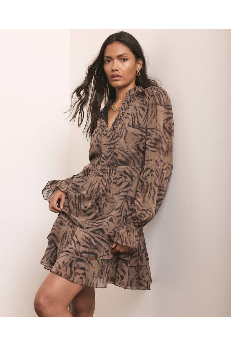 Long Sleeve Printed Ruffle Mini Dress, Alternate, color, Brown