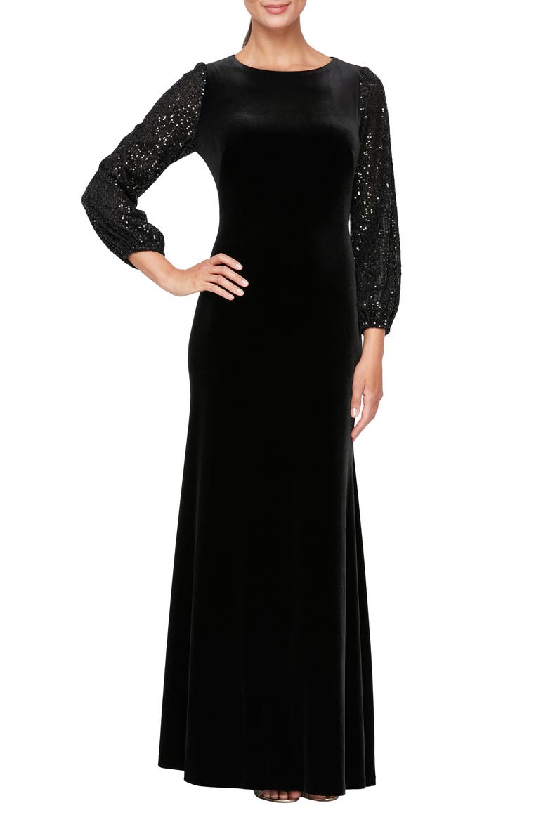 Mixed Media Sequin & Velvet Long Sleeve Gown, Main, color, BLACK