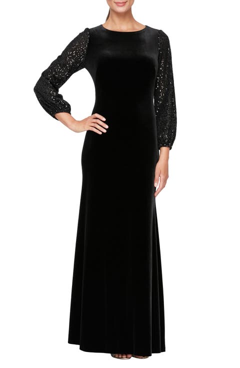 Mixed Media Sequin & Velvet Long Sleeve Gown