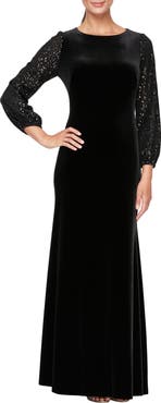 Alex Evenings Mixed Media Sequin & Velvet Long Sleeve Gown